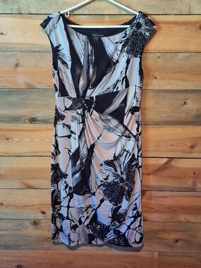 connected apparel Black, Cream, And Pink Floral Knot-Front Midi Dress